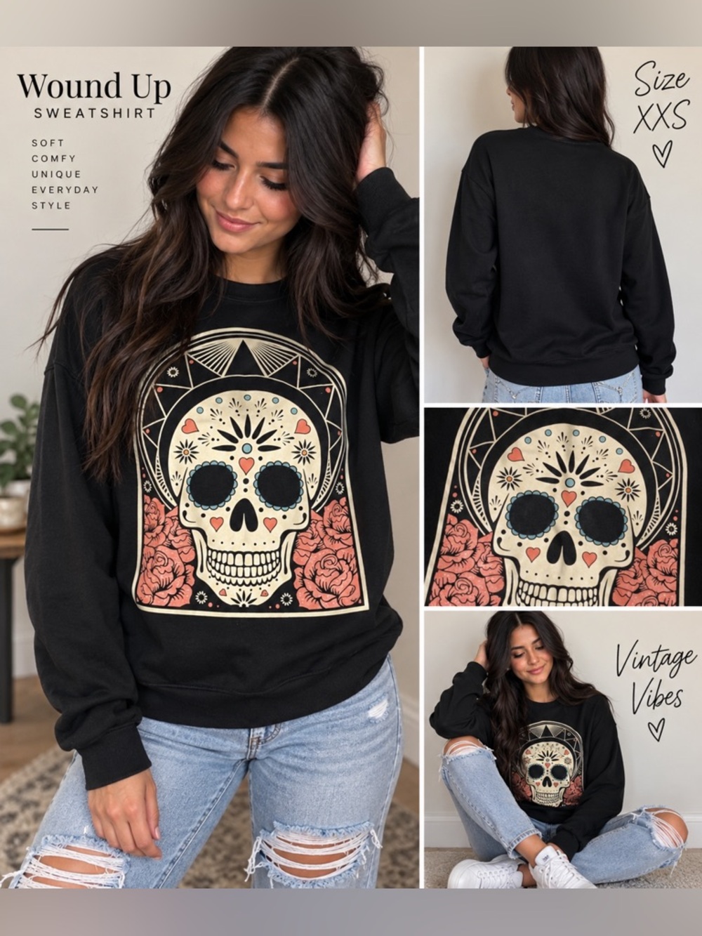 Wound Up Black Sugar Skull Day of the Dead Halloween Sweatshirt Sweat Shirt XXS